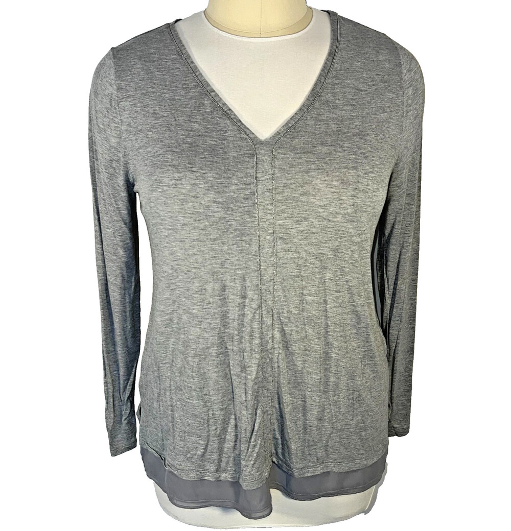 WHBM - Blouse Women's XL Gray Micro Beaded V-Neck Chiffon Trim Hem Long Sleeve